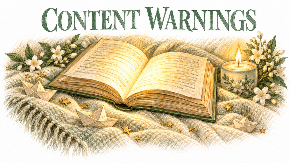 Content Warnings page banner for Paper Moon Bay, an open storybook beside a lit candle