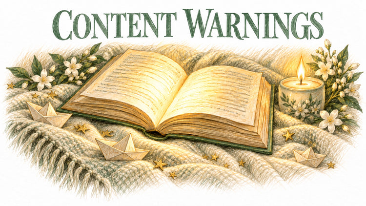 Content Warnings page banner for Paper Moon Bay, an open storybook beside a lit candle