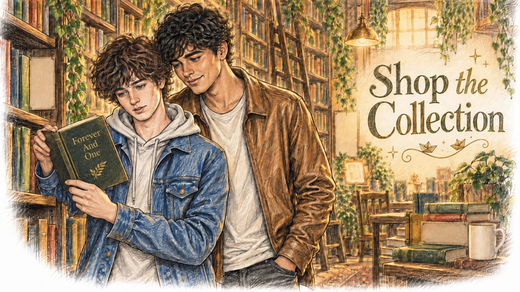 Shop the Paper Moon Bay book collection, browsing YA and new adult titles in a cosy library