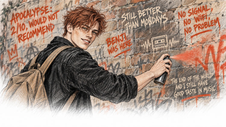 What Remains banner, Benji spray painting a message on a graffiti covered wall