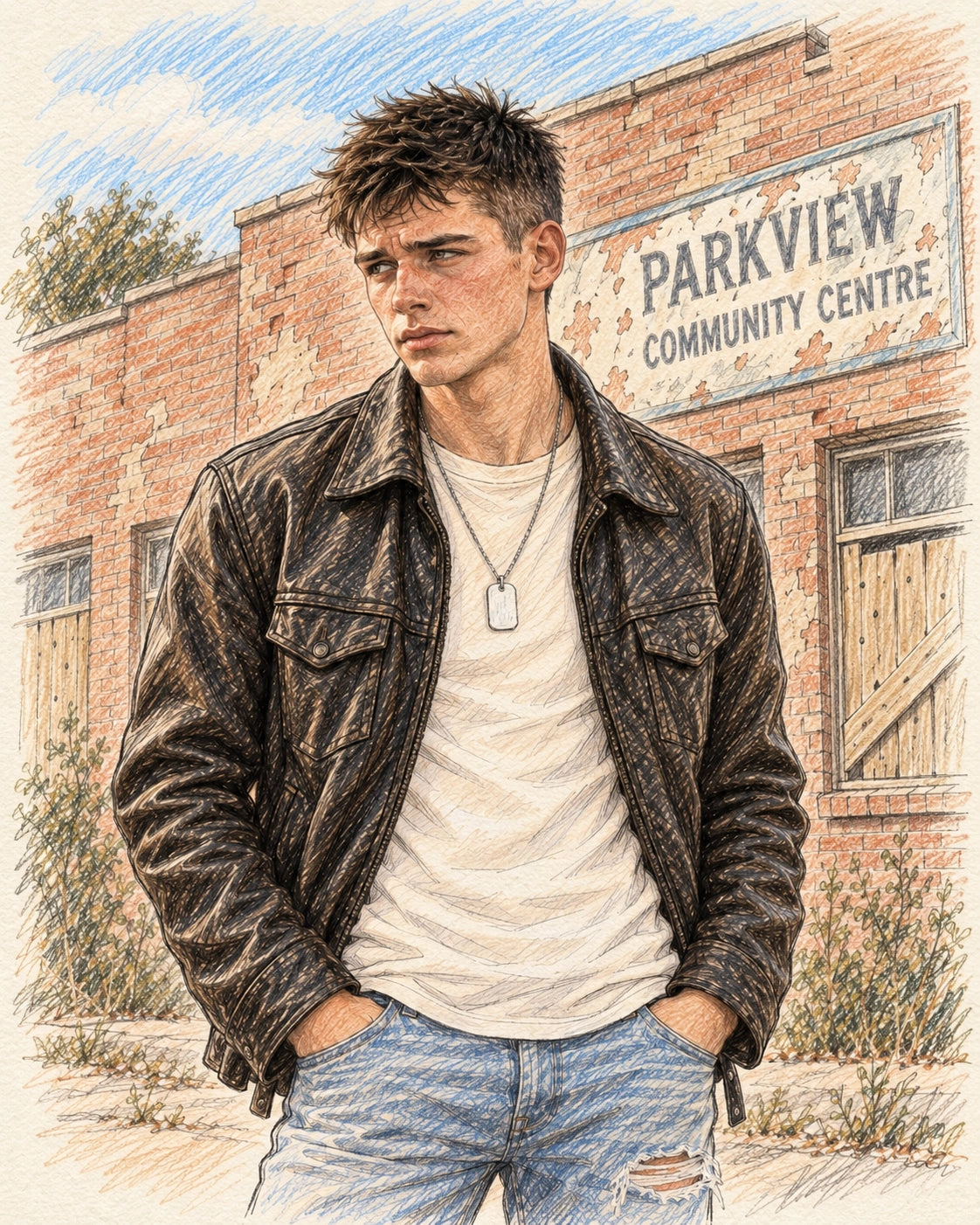 Tyler, a character from The Boys Who Broke The Script by Sam Whatley, illustrated in coloured pencil style