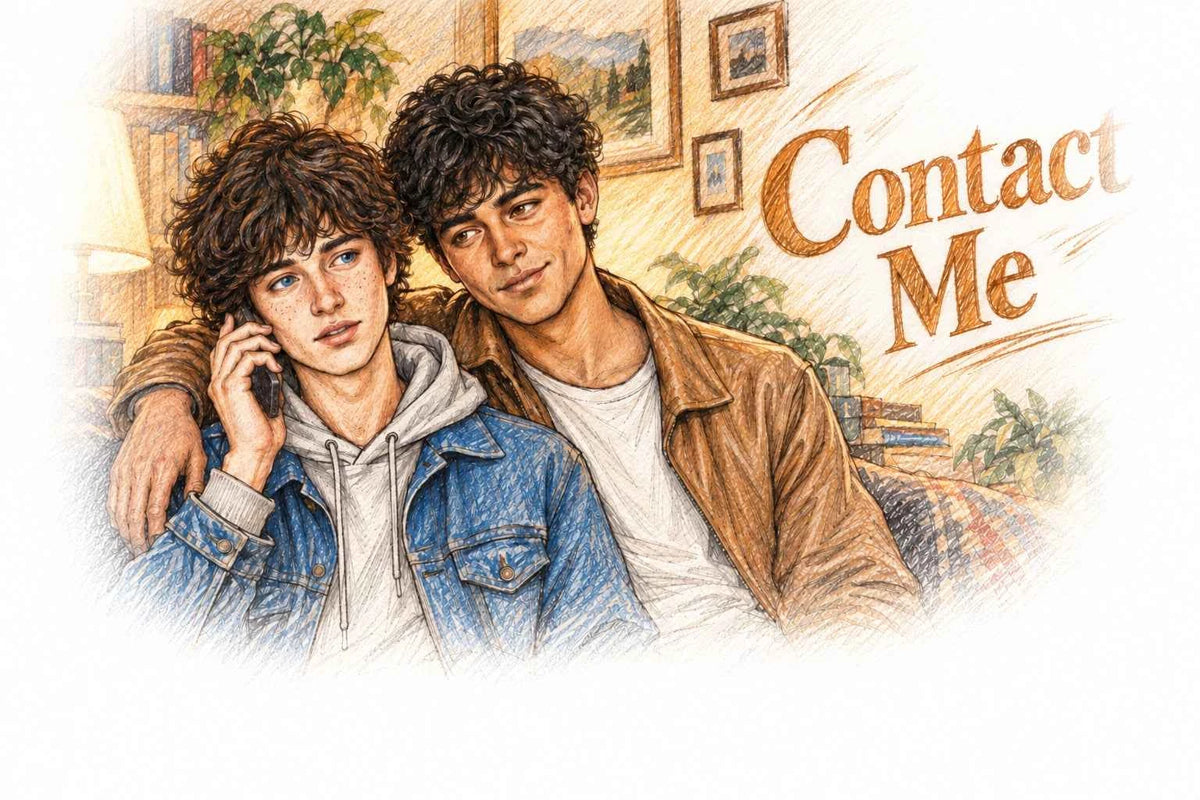 Contact Me page banner for Paper Moon Bay, two characters at home, one on a phone call