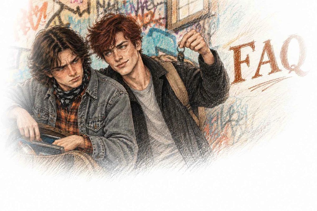 FAQ page banner for Paper Moon Bay, two characters against a graffiti covered wall