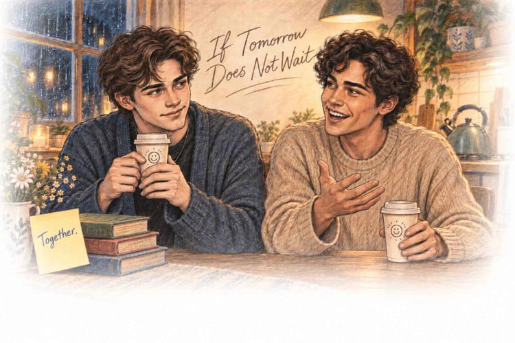 If Tomorrow Does Not Wait book banner, two characters sharing coffee by a rainy window