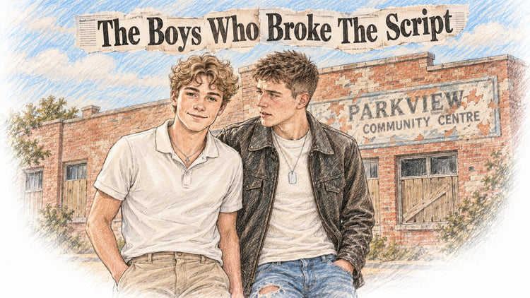 The Boys Who Broke The Script book banner, two characters outside Parkview Community Centre