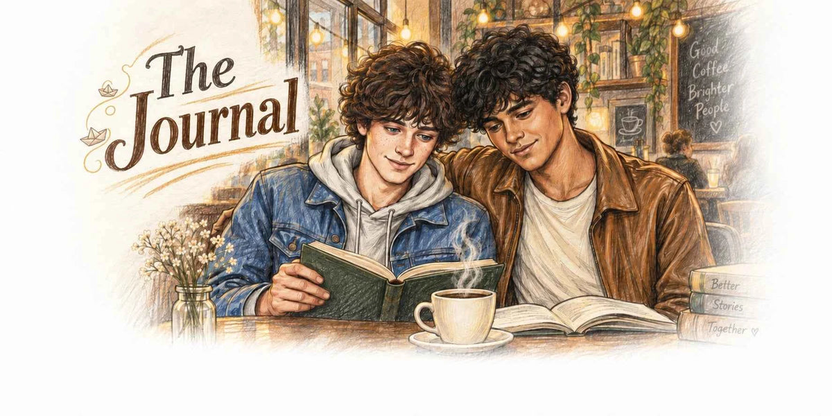 The Journal, Paper Moon Bay's blog page, two characters reading together in a coffee shop