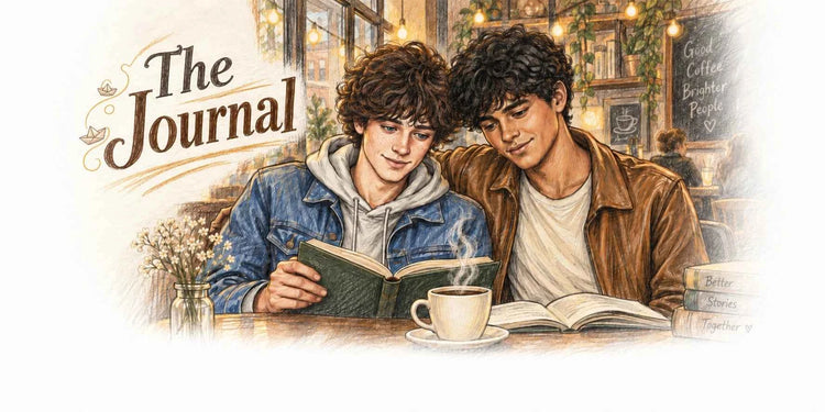 The Journal, Paper Moon Bay's blog page, two characters reading together in a coffee shop