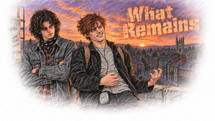 What Remains book banner, two characters overlooking a town at sunset after the apocalypse