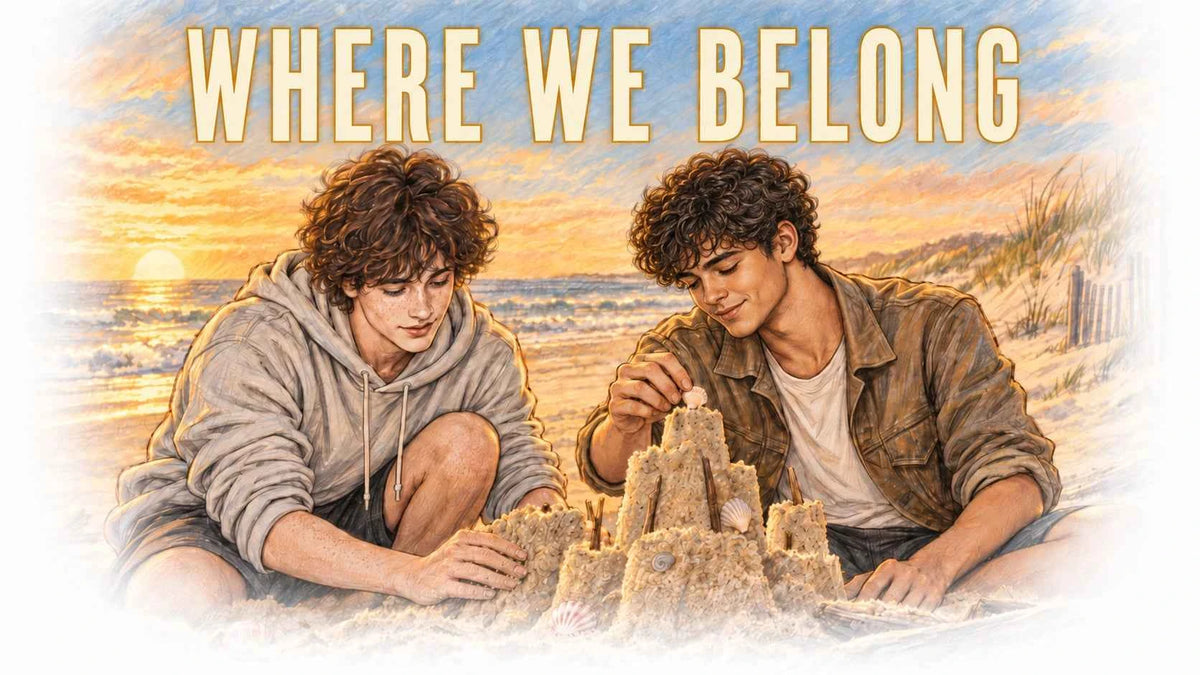 Where We Belong book series banner, two characters building a sandcastle on the beach at sunset